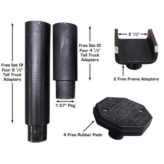 Included with the Atlas PVL12 four 8.5 and four 4.5 truck adapters, two frame adapters, and four rubber lift pads—everything you need for versatile lifting.