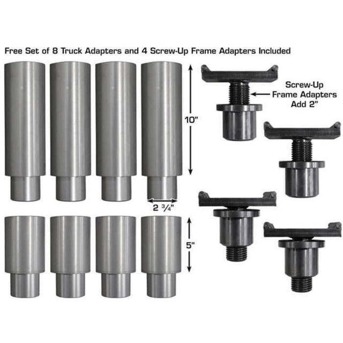 Included with the Atlas PVL15 a complete set of 8 height adapters and 4 screwup frame adapters, providing versatile lift points for trucks, vans, and heavy-duty commercial vehicles.