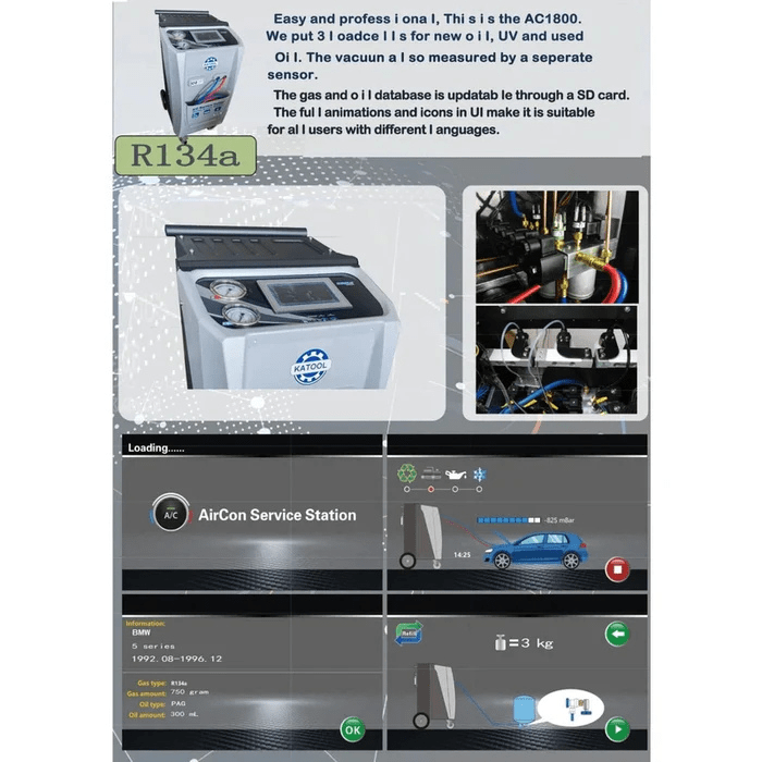 Interface and internal system overview of the Katool KT-AC1800 Dual A-C Machine showing touchscreen UI, oil modules, and AirCon service operation visuals.