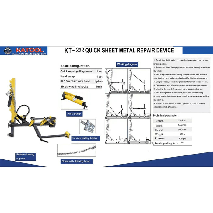 Katool 222 Frame Straightener with parts diagram, specifications, and working illustrations for sheet metal repair and collision pulling system