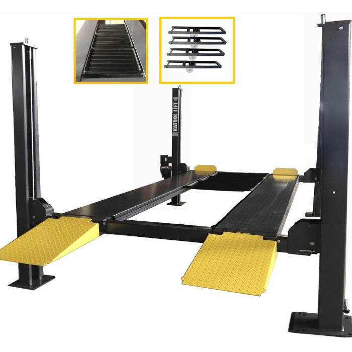 Katool 4-post car lift with yellow diamond plate ramps and included caster kit, drip trays, and jack tray