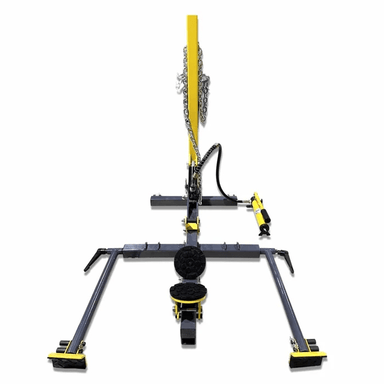 Katool Auto Body Frame Straightener & Pulling System (KT-222) front view showing hydraulic ram, pulling chain, and adjustable anchoring arms for collision repair