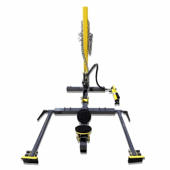 Katool Auto Body Frame Straightener & Pulling System (KT-222) front view showing hydraulic ram, pulling chain, and adjustable anchoring arms for collision repair