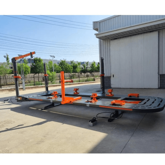 Katool KT-198L Auto Body Frame Machine – Compact Frame Straightening Rack with mounted clamps and pulling towers shown outdoors at facility