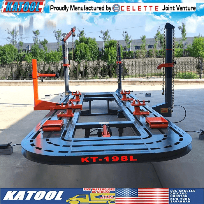 Katool KT-198L Auto Body Frame Machine with full clamp and pulling tower setup, manufactured in joint venture with Celette and stocked in U.S. warehouses