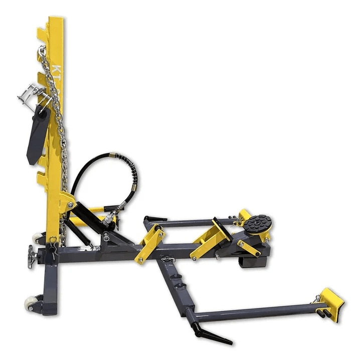 Katool KT-222 Frame Straightener & Pulling System side view showing hydraulic tower, pulling chain, and adjustable support brackets for auto body repair
