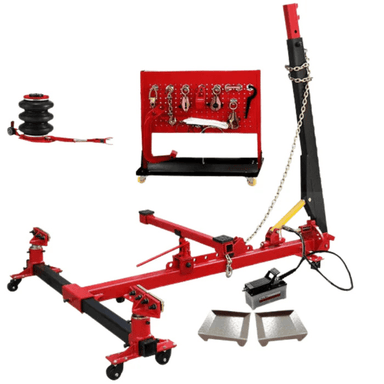 Katool KT-255 Frame Puller & Straightener with 3-Ton Air Bag Jack – complete system includes pulling tower, clamp set, tool board, and hydraulic pump.