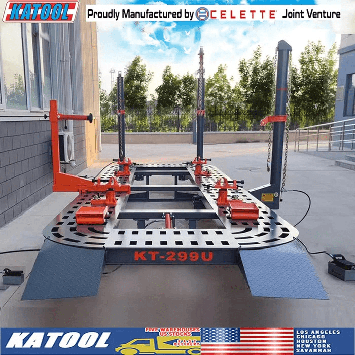 Katool KT-299U Auto Body Frame Machine displayed outdoors with full ramp setup and Celette joint venture branding
