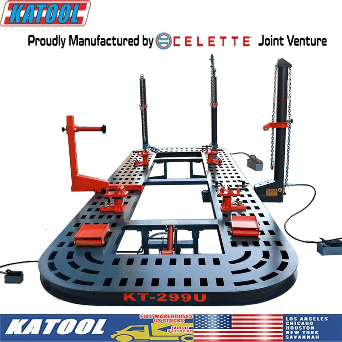 Katool KT-299U Auto Body Frame Machine proudly manufactured in joint venture with Celette, featuring full platform setup with pulling towers and clamps