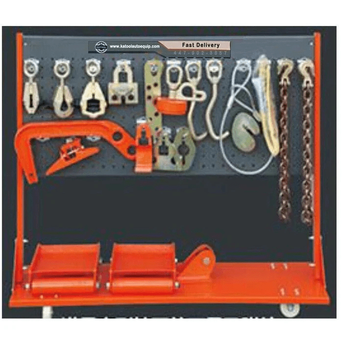 Katool KT-299U Frame Machine accessory kit with clamps, hooks, chains, and pulling tools on storage rack