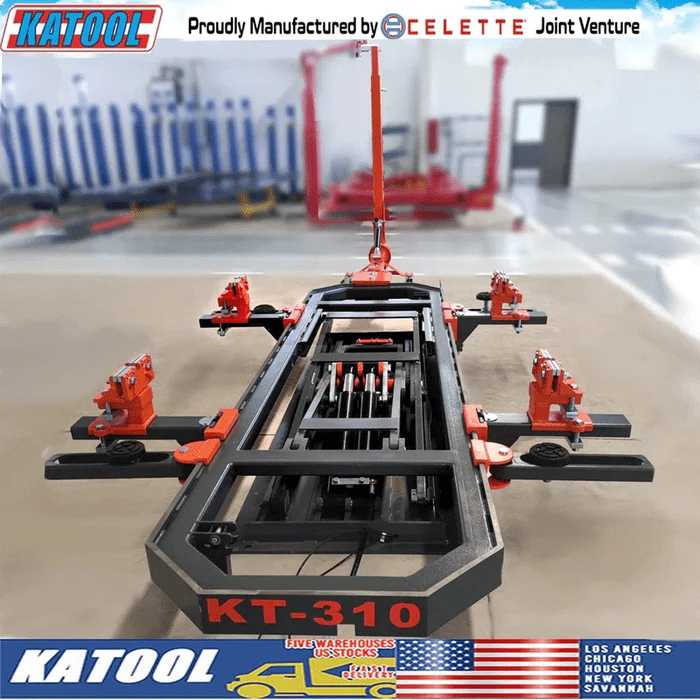 Katool KT-310 Auto Body Frame Machine – Auto Body Repair Rack with lifting platform and clamps, manufactured in joint venture with Celette