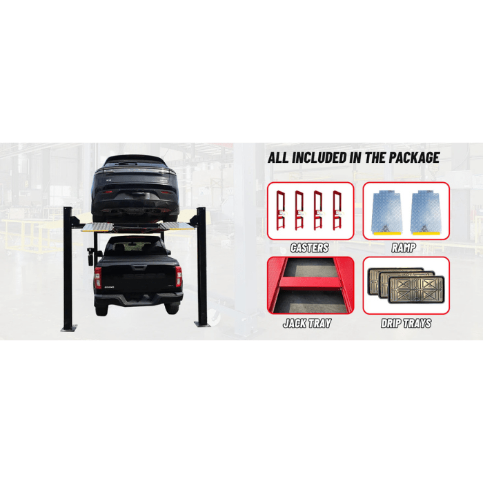 Katool KT-4H950 9,500 lb 4 post storage lift with included accessories casters, steel ramps, jack tray, and drip trays.