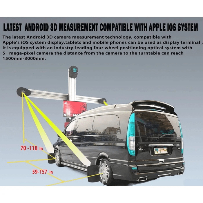 Katool KT-AV9 High-Capacity Wheel Alignment Machine with Android and iOS compatibility measuring a van using 3D camera technology and adjustable alignment range