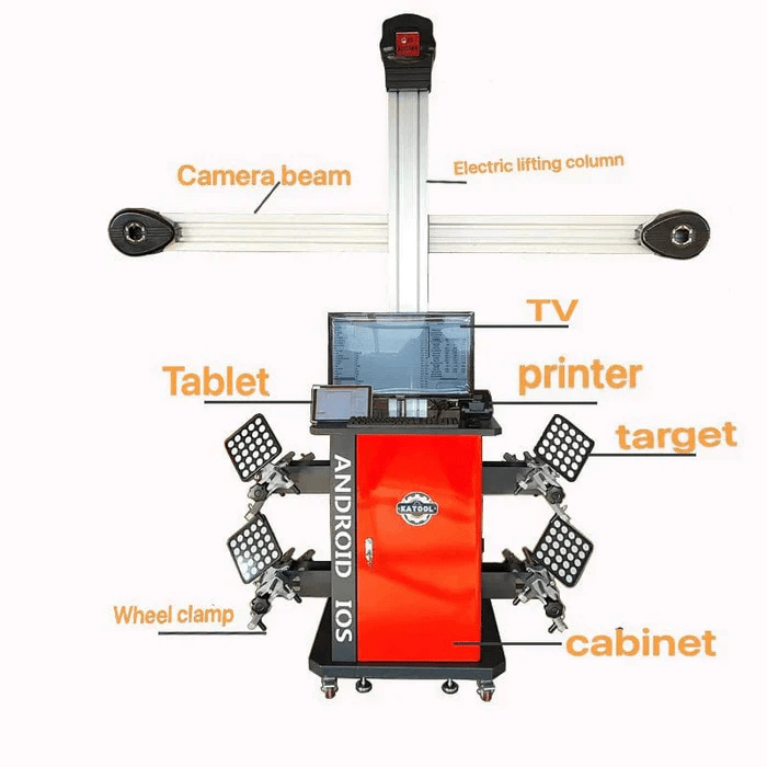 Katool KT-AV9 High-Capacity Wheel Alignment Machine with labeled parts including camera beam, electric lifting column, TV, tablet, printer, targets, wheel clamps, and cabinet