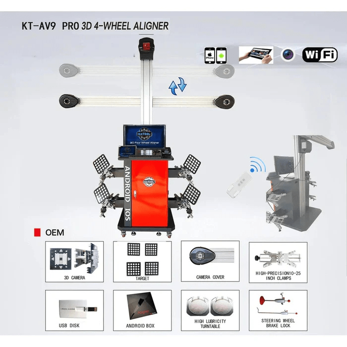 Katool KT-AV9 Wheel Alignment Machine – Auto Calibration for 2-Post & Scissor Lifts with included 3D cameras, targets, Android box, USB disk, and clamp accessories shown