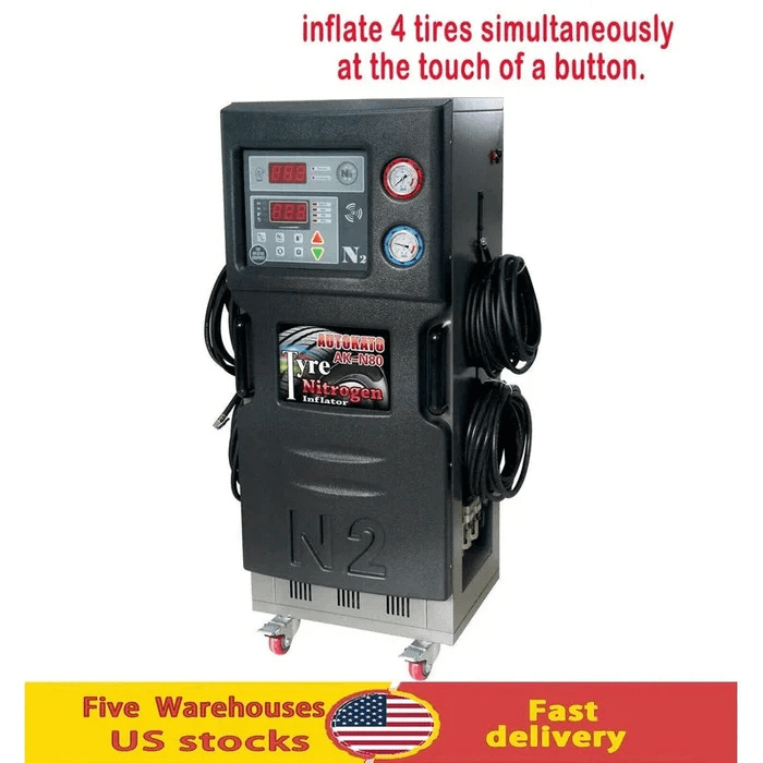 Katool KT-N80 Tire Nitrogen Generator – automatic high-efficiency inflation system with digital display, dual gauges, and coiled hoses.