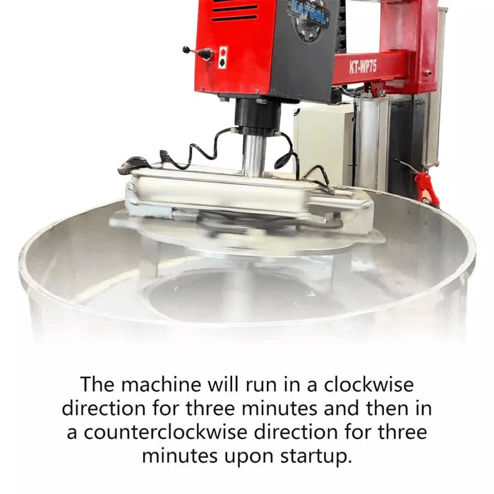 Katool KT-RPM80 Professional Rim Polishing Machine shown operating in a clockwise motion within the polishing barrel.