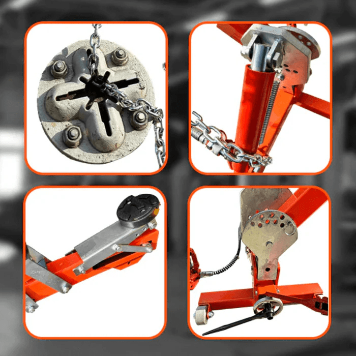 Katool KT-YA260 Auto Body Frame Straightener – close-up view of key components including pulling chain, anchor base, arm clamp, and hydraulic control section.