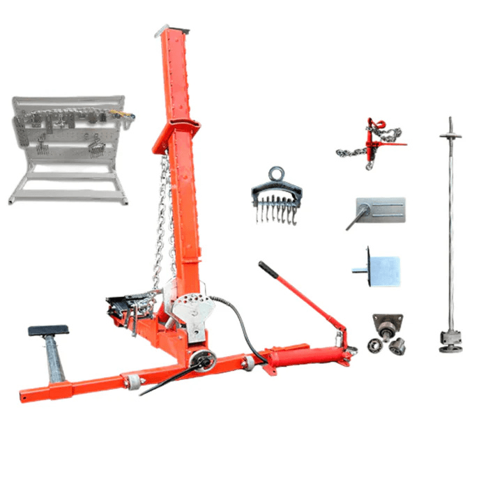 Katool KT-YA260 Auto Body Frame Straightener with complete pulling system and accessories, including clamps, chains, and pulling rods.