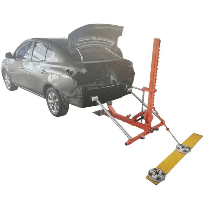 Katool KT-YA260 Frame Straightener & Pulling System in use on damaged vehicle rear frame with chains and anchor setup.