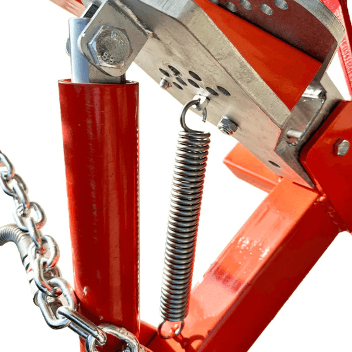 Katool KT-YA260 Frame Straightener Spring Mechanism – close-up of tension spring, pivot joints, and reinforced steel frame design.