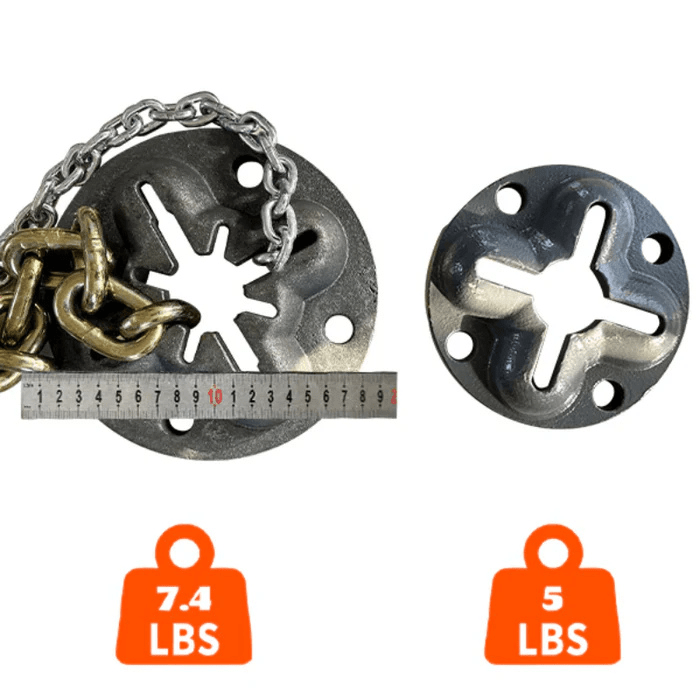 Katool KT-YA260 Frame Straightener anchor plates with chain, showing 7.4 lb and 5 lb weight options.