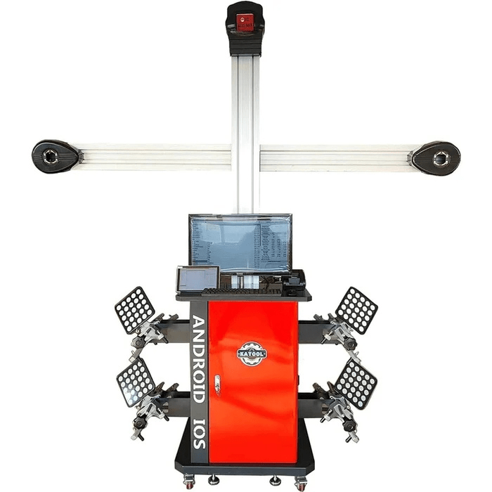 Katool Wheel Alignment Machine – Auto Calibration for 2-Post & Scissor Lifts (KT-AV9) front view showing camera system, monitor, and sensor targets