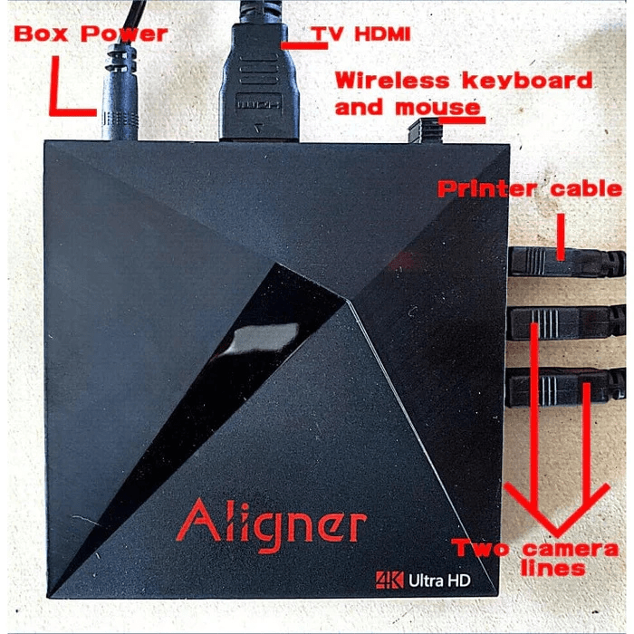 Katool Wheel Alignment Machine – Auto Calibration for 2-Post & Scissor Lifts (KT-AV9) system box showing labeled cable ports for power, HDMI, printer, cameras, and wireless input