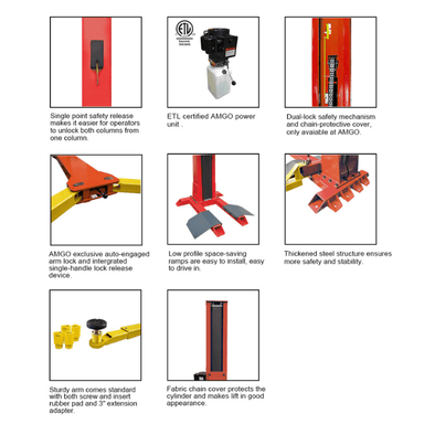 Key features of AMGO SL-7 single post lift with safety locks, ramps, and power unit