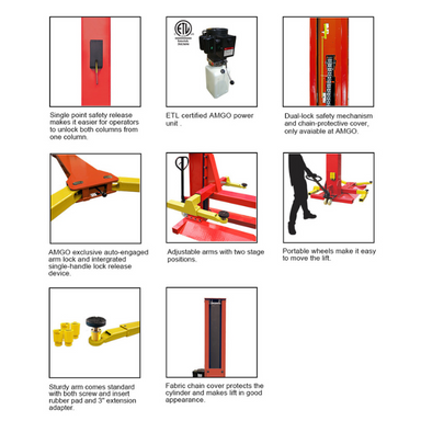 Key features of AMGO SML-7 portable single post lift with safety locks and mobile chassis