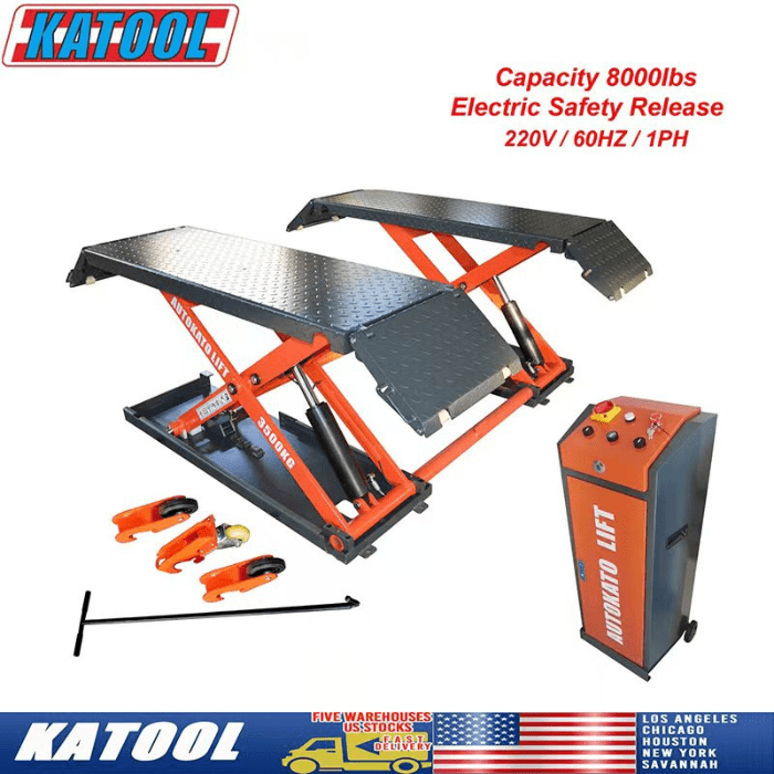 Left side view of the X85 Electric Mid-Rise Scissor Lift by Katool and its 8000lb capacity