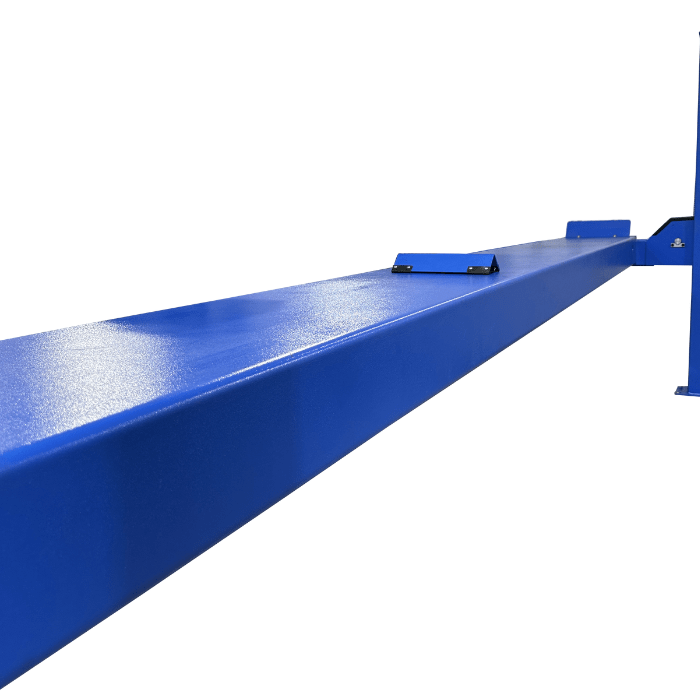 Long horizontal blue steel runway beam of a 4-post lift showing smooth powder-coated surface.