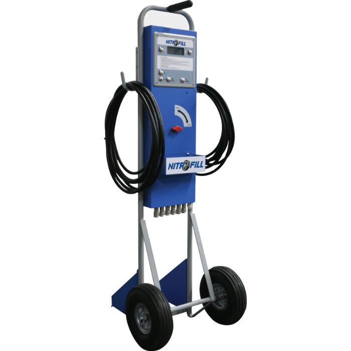NitroFill NF-123 Nitrogen Machine – portable tire inflation system with dual hose reels and digital pressure display.
