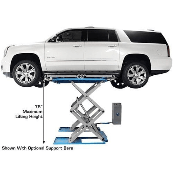 Pictured at full extension, the Atlas SLP9K scissor lift raises vehicles up to 78 inches and includes optional support bars for safe lifting of wide or heavy-duty SUVs.