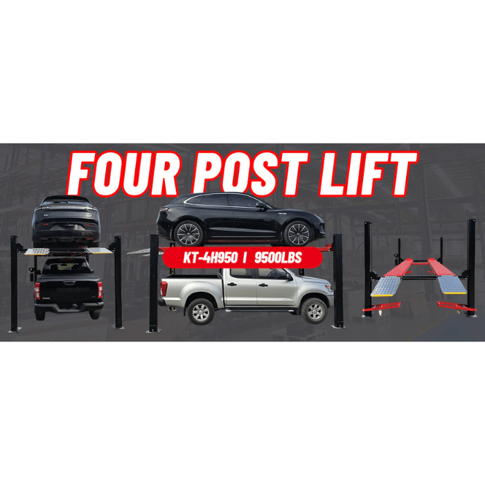 Promotional banner of Katool KT-4H950 9,500 lb 4 post lift displaying multiple angles with vehicles parked above and below.