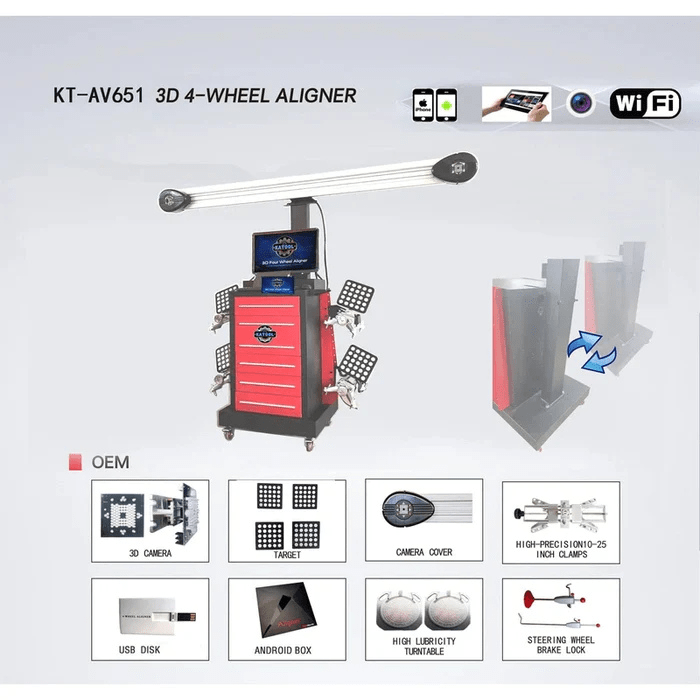 Promotional graphic for the Katool AV651 3D 4-Wheel Aligner, displaying its crossbeam cameras, red cabinet, reflective targets, and included accessories such as clamps and USB disk.