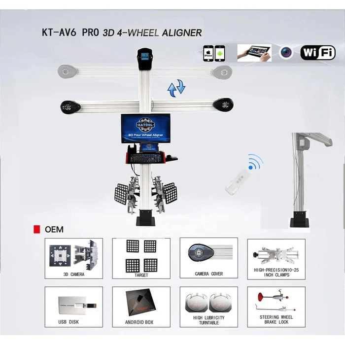 Promotional graphic of the Katool AV6 Alignment Machine, showing its crossbeam setup, 3D camera units, and various accessories like clamps, turntables, and remote control for comprehensive wheel alignment.