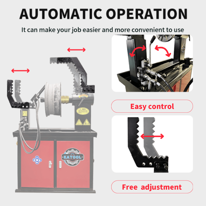 Promotional graphic showing the Katool KT-WL69 Rim & Wheel Straightening Machine with automatic operation, easy control, and free adjustment features for professional wheel repair.