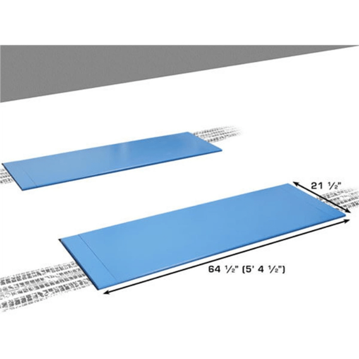 Protective steel cover plates measure 64 ½ inches long by 21 ½ inches wide—designed to conceal and secure the in-ground lift tracks of the Atlas FM9SL.