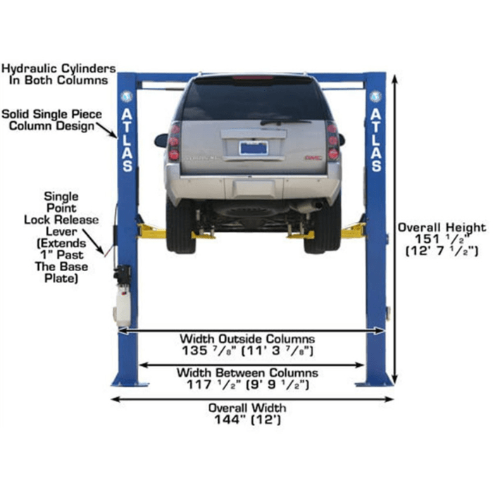 Rear-facing view of the Atlas OHX10000X 2-post lift supporting an SUV, highlighting overall lift dimensions including column spacing, total width, and height clearance.