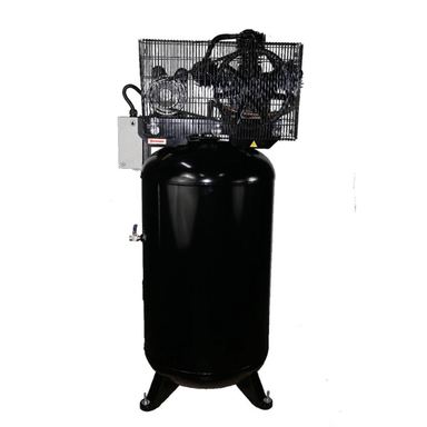 Rear-side view of the Atlas Equipment Air Force 5HP 80 Gallon Air Compressor (AF7) with protective pump cage and vertical tank configuration.