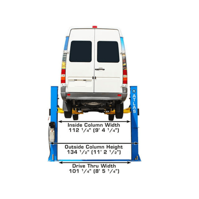 Rear view of Atlas BP10000X Baseplate Two-Post Lift hoisting a commercial van, with labeled drive-thru width, inner column spacing, and total outer column width.