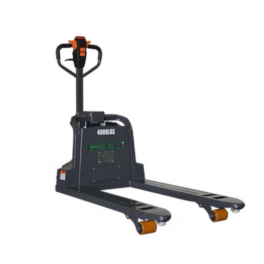 Rear view of Ekko EP15SLi walkie pallet jack showing ergonomic control handle and drive assembly