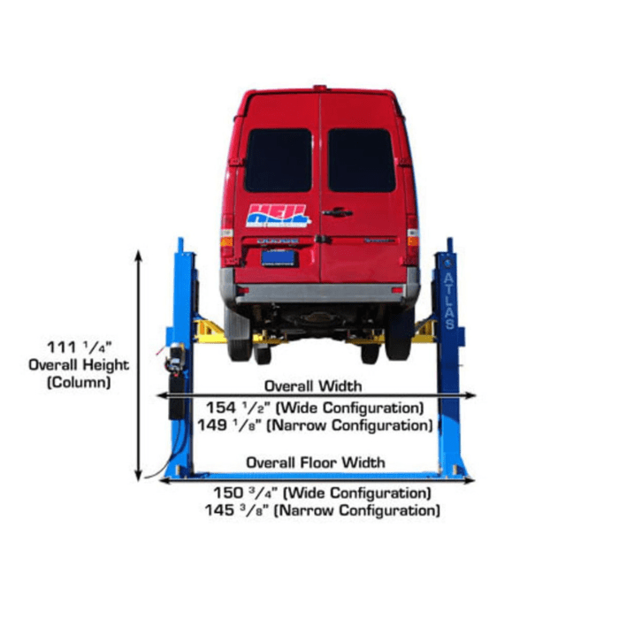 Rear view of the Atlas BP12000X 12,000 lb lift raising a Dodge Sprinter van, highlighting its adjustable width configuration and commercial-grade construction.