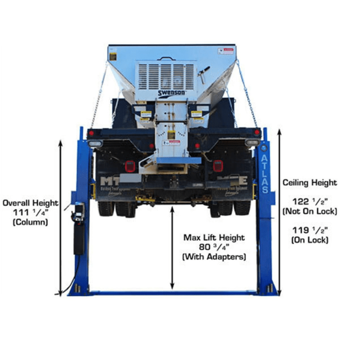 Rear view of the Atlas BP12000X lifting a heavy-duty utility truck, with overall height, lift range, and ceiling clearance clearly labeled for shop planning.