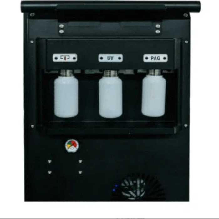 Rear view of the Katool AC2100 A-C Machine showing labeled fluid bottles for oil, UV dye, and PAG lubricant storage.