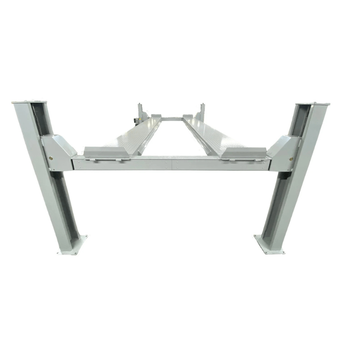 Rear view of the Triumph NTR-24 Commercial Four-Post Vehicle Lift featuring extended steel columns and heavy-duty diamond-plate runways.