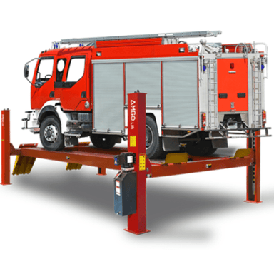 Red fire truck positioned on AMGO PRO-30 30,000 lb capacity 4 post lift