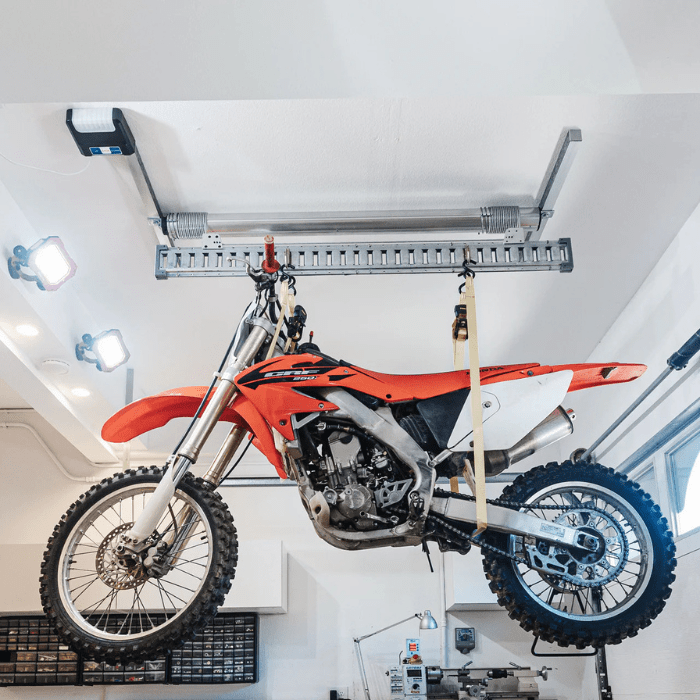 Right side view of the Auxx-One motorized garage rack