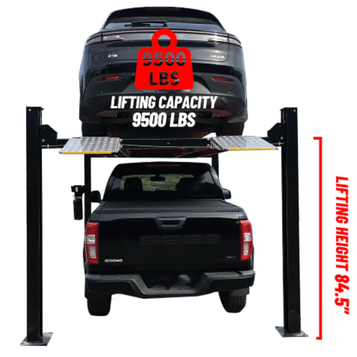 SUV lifted above a pickup truck on the Katool KT-4H950 4 post car lift showing 9,500 lb capacity and 84.5 inch lifting height.